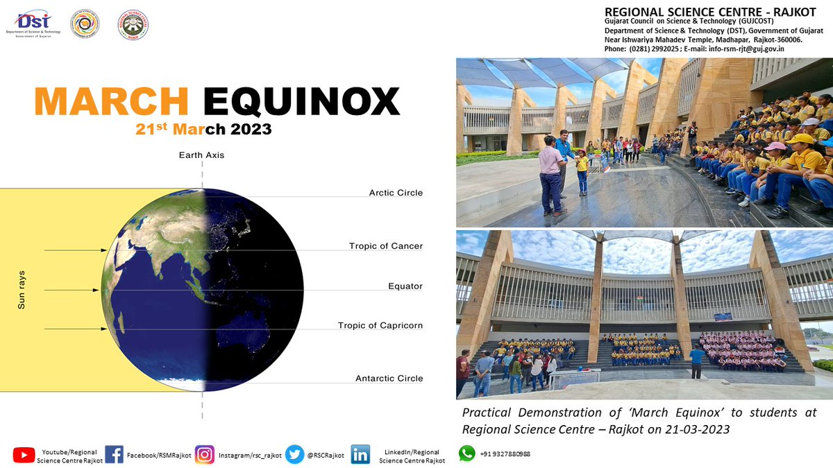 RSCRajkot's tweet photo. 21 March is #MarchEquinox, when the subsolar point appears to leave the #SouthernHemisphere &amp; cross the #celestial #equator. @RSCRajkot conducted an introductory #practical #demonstration of Equinox to #Students. @InfoGujcost @narottamsahoo @vnehra @dstGujarat @IndiaDST https://t.co/ObDXUHurEZ