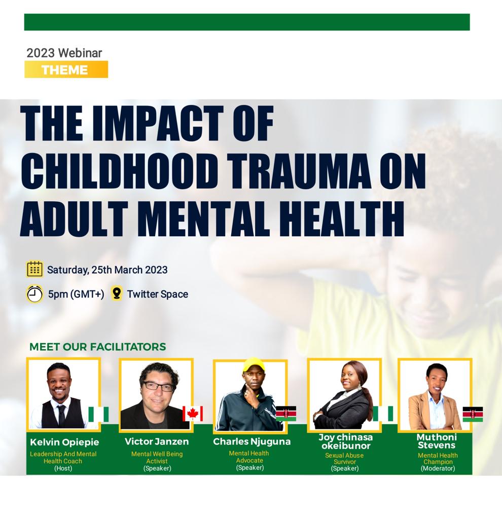 Join me this Saturday as I moderate on how childhood trauma affects adult mental health. Gain insights on coping strategies and seeking help for a better future.
 #MentalHealth #ChildhoodTrauma #Wellness
<a href="/Leadproject8/">LEAD Community Foundation</a> <a href="/KelvinOpiepie/">Kelvin Okeoghene Opiepie</a>
<a href="/njugunacharlaw/">Charles Njuguna Epaphroditus🇰🇪</a> <a href="/JoyC_Okeibunor/">Joy Chinasa Okeibunor</a> <a href="/VictorJanzen/">Victor Janzen 🇨🇦</a>