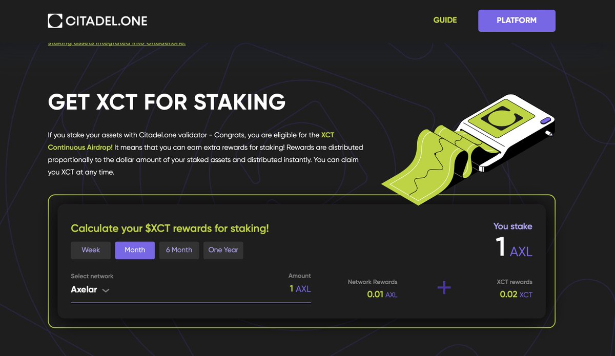 Explore our website to get to know us and find useful information about the <a href="/CitadelOneNode/">Citadel.One Validator Universe</a> universe 

On the website you can:
- Calculate your $XCT rewards for staking
- Find the list of all validated and supported networks
- Meet the team behind Citadel.one