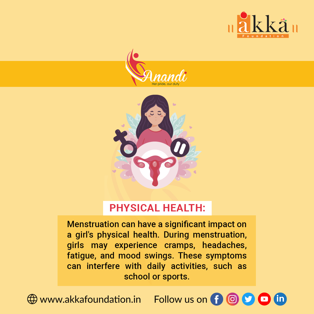'Periods don't just happen in the body, they also impact the mind and soul: The many ways menstruation affects a girl's life.'

#AkkaFoundation #projectanandi #Anandi #menstruation #cycle #periods #health #hygiene #education #reforms #anemia #latur #nilanga