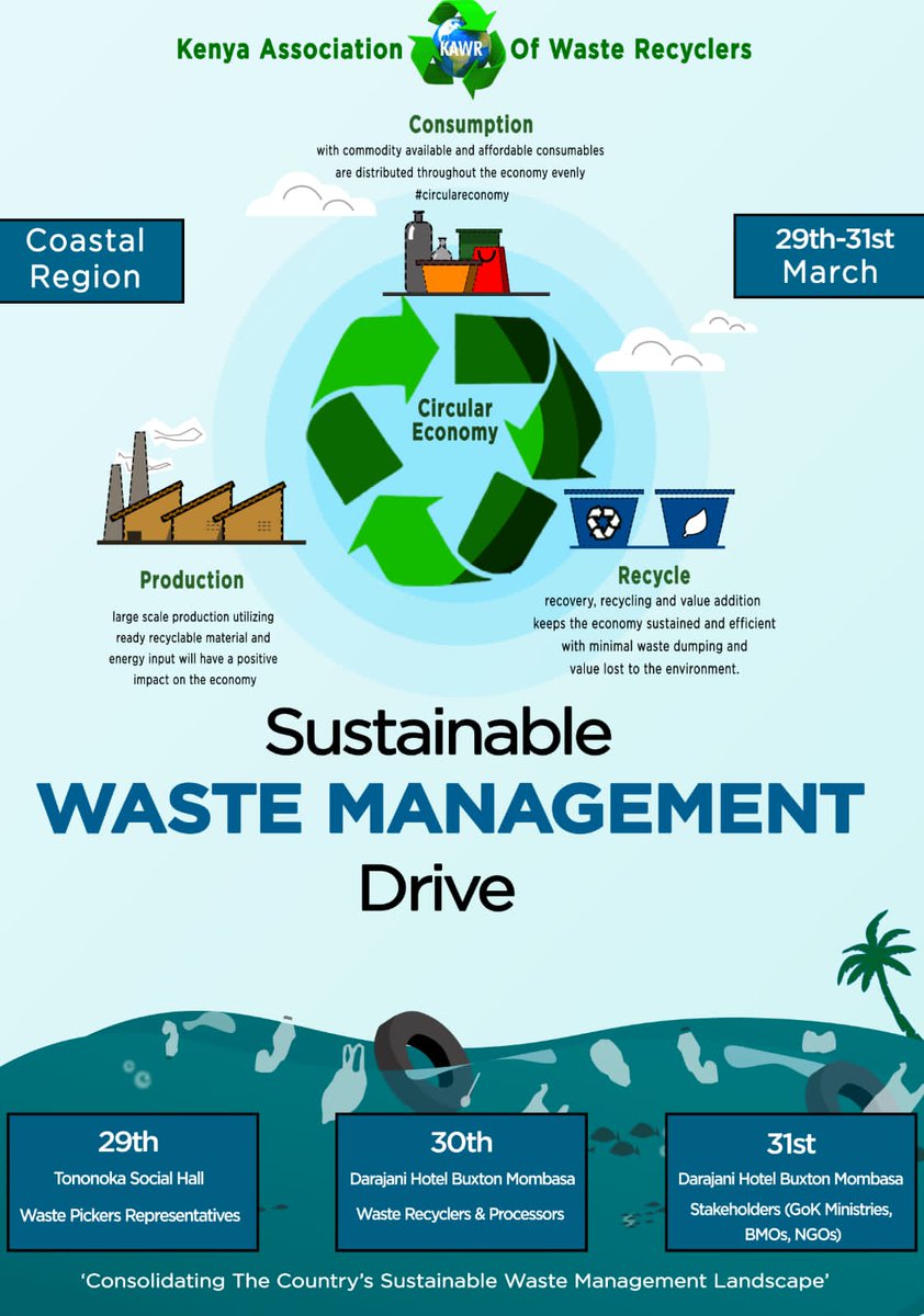 kenyarecyclers's tweet photo. Save the Date!!! 29th- 31st, March 2023, in Mombasa; the Coastal Region Waste actors, collaborators, government &amp; NGOs, &amp;  civil society groups r putting their heads together for a regional waste management framework. Be there!!! @MombasaCountyKe @NemaKenya @kepro_ke @WWF_Kenya https://t.co/QyaSZ8lnqi