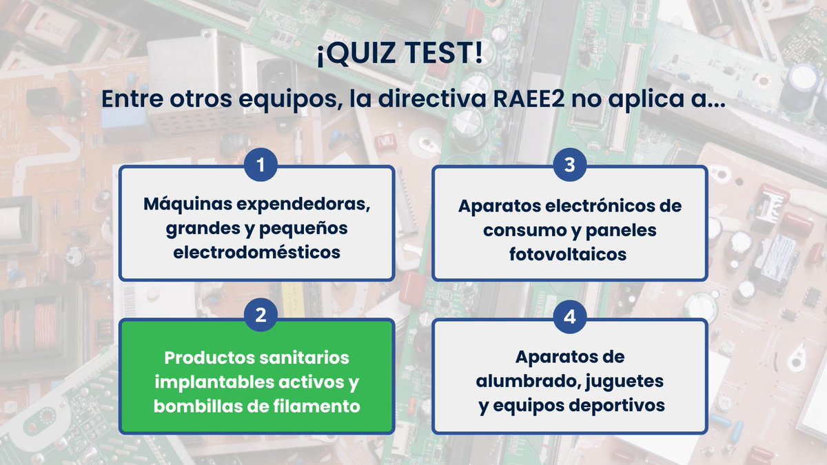 omologic's tweet image. #QuizTest | Directiva 2012/19/UE de residuos de aparatos electrónicos y eléctricos (RAEE)

📸¿Qué dispositivos se ven afectados y cuáles no por esta directiva? ¡Conoce la respuesta correcta!

🌐 omologic.es
📩 info@omologic.es

#Omologic #MedioAmbiente #Reciclaje