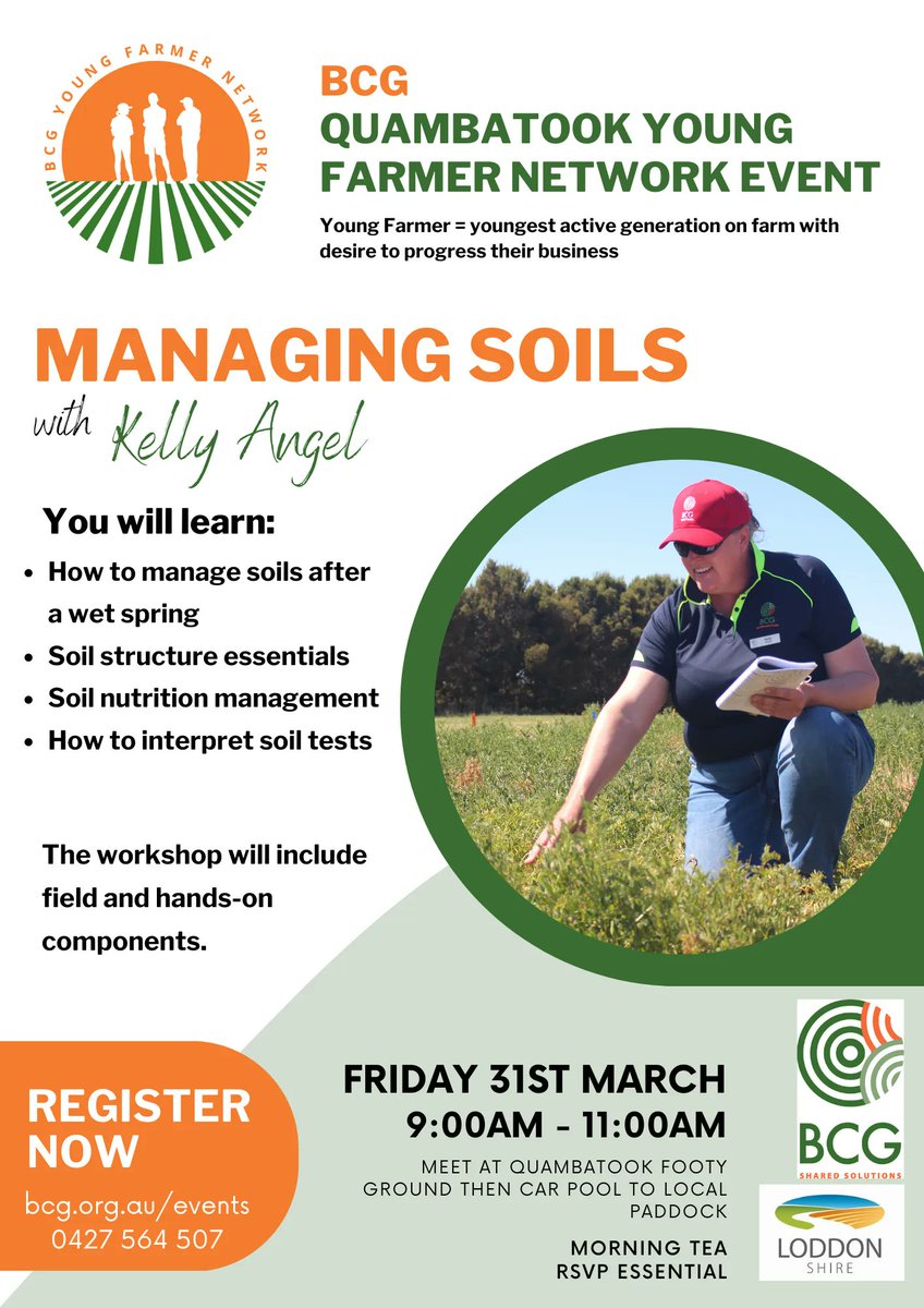 BCG_Birchip's tweet photo. Quambatook - BCG Young Farmer Network meeting discussing the basics of soils. Friday 31st March. Topics include: managing soils after the wet spring, soil structure basics, soil nutrition, interpreting soil test results. REGISTER at: https://t.co/CivEKVx3Ct #BCGYFN #droughthub https://t.co/RfNMRsqYW9