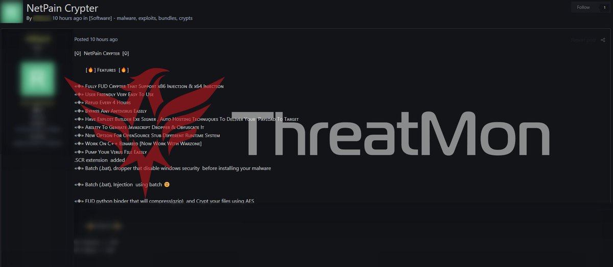 MonThreat's tweet image. According to #Darkweb #Forum activity detected by the ThreatMon Threat Intelligence team, NetPain Crypter, allegedly a new #Crypter, has been put up for sale by a threat actor.
#intelligence #cybersecurity