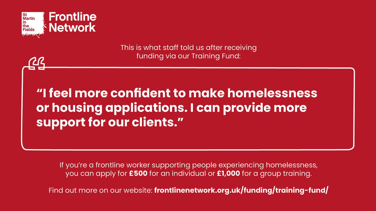 Are you a frontline worker or a team that has identified a training course to help you in your current work with people experiencing homelessness, but your organisation is unable to fund it? We may be able to help. Check <a href="/SMITF_frontline/">Frontline Network</a> Training Fund 👇frontlinenetwork.org.uk/funding/traini…