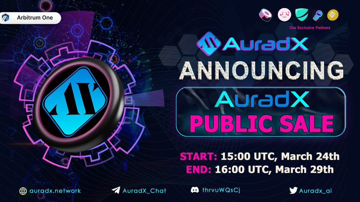 📢 AuradX (DallE2) Public Sale Announcement 🚀

We're excited to announce that the #AuradX public sale will take place on PinkSale launchpad.

🔗 Official Link:pinksale.finance/launchpad/0x47…

⏰ Sale starts: 3 PM UTC, March 24
⏰ Sale ends: 4 PM UTC,March 29 

#Arbitrum #IDO #Ai #AuradX