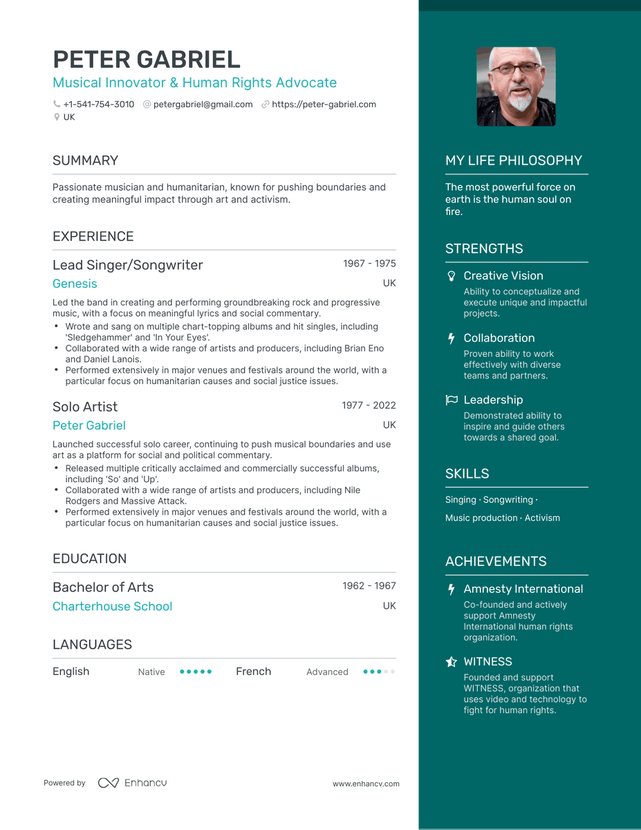 What would Peter Gabriel's resume look like if he had one made by AI? Check the full ChatGPT-generated resume at thisresumedoesnotexist.com/resume/peter-g…