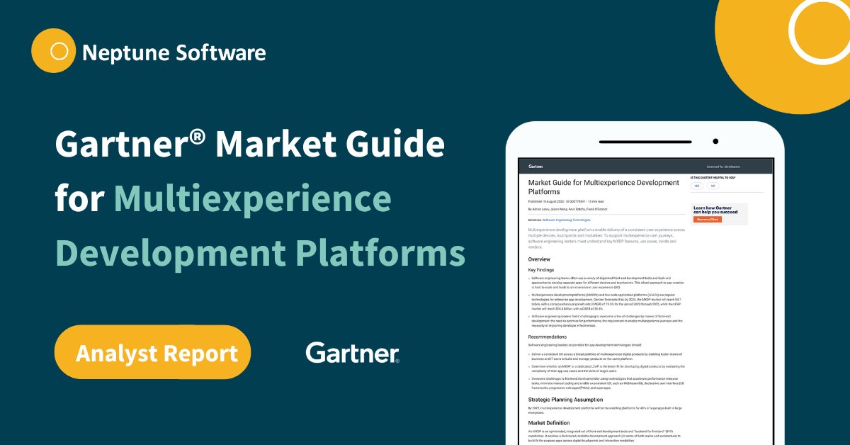 NeptSoft's tweet photo. #NeptuneSoftware was recognised in @Gartner_inc's 2022 Market Guide for Multiexperience Development Platforms report. π
See why #NeptuneSoftware is the best choice for you π
https://t.co/GdbZMlmBJ8 https://t.co/Bqub7PDjFe