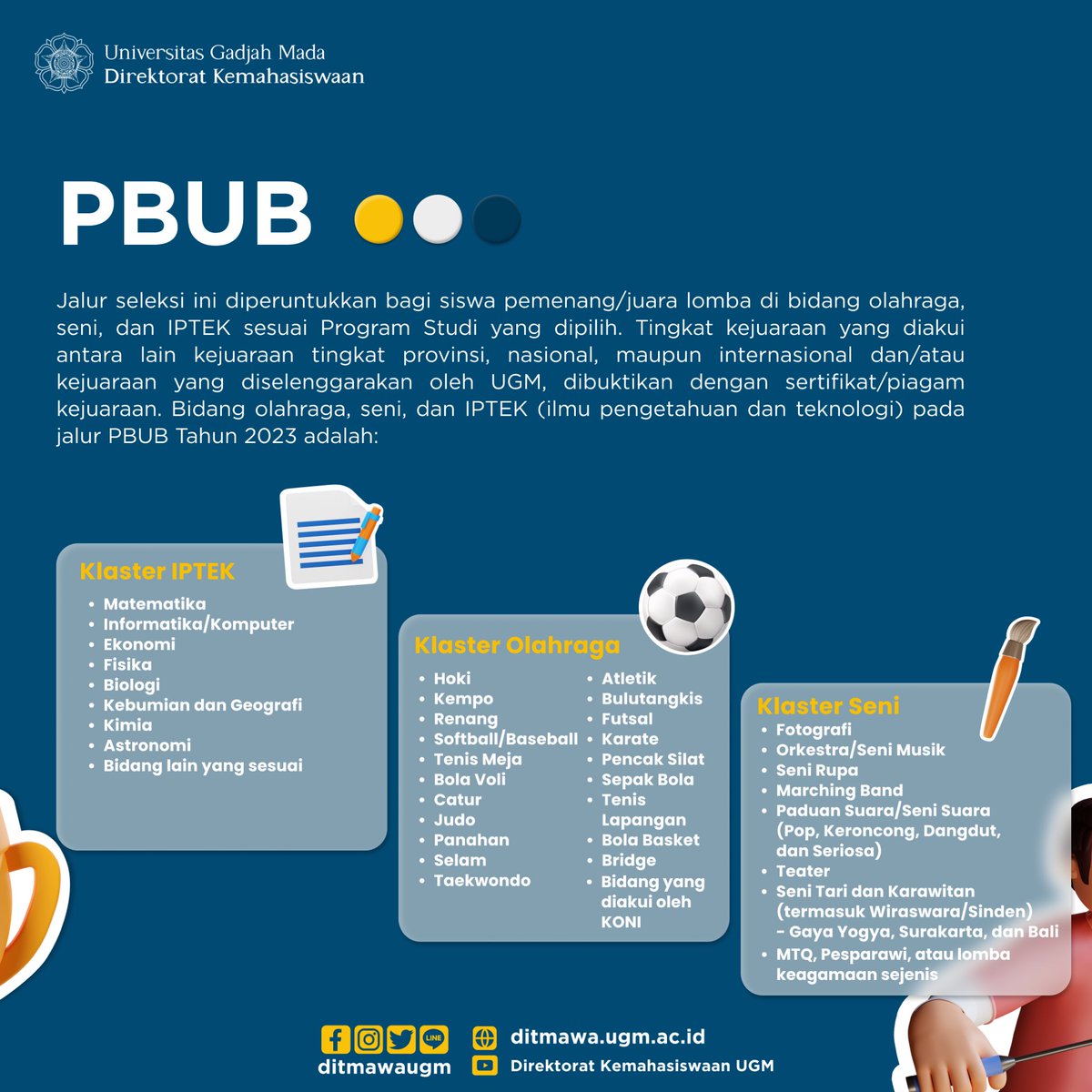 ditmawaugm's tweet photo. Hai sahabat Ditmawa…
Pendaftaran Penelusuran Bibit Unggul Berprestasi (PBUB) 2023 telah dibuka. Segera cek laman https://t.co/OaozOxJnN8 yaaa 🤩
So, persiapkan dirimu dan berkas-berkasmu! Semangat!
#dppugm #ditmawaugm #pbubugm #jalurmasukugm https://t.co/cErO1CBXDi
