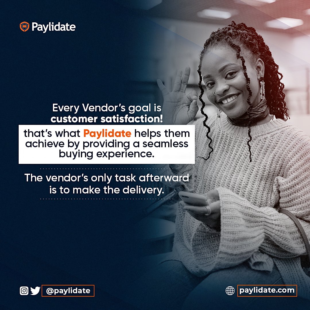 paylidate's tweet photo. Every Vendor’s goal is customer satisfaction! That’s what Paylidate helps them achieve by providing a seamless buying experience. 

The vendor’s only task afterward is to make the delivery. 

#Paylidate #paymentvalidation #ecommerce #buyersandsellers https://t.co/DxY5n33XA5