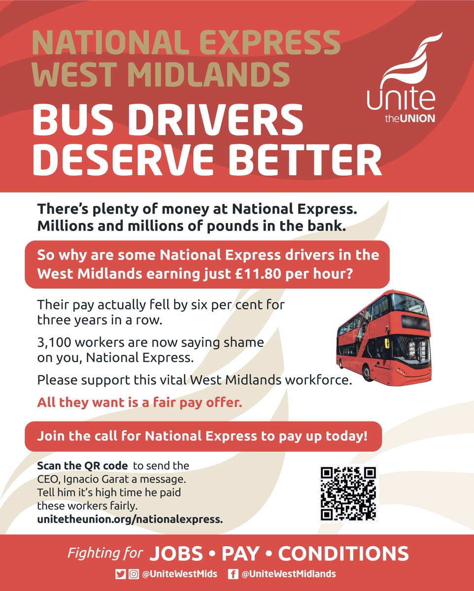 UniteWestMids's tweet photo. 🚨 Join the call for @nxwestmidlands  to pay up today and get this dispute resolved.

📧 Email the CEO Ignatio Garat using the form on the page below. The CEO alone has taken home an average wage of £2.6million every year.

✍️ https://t.co/fh8Wcyh2qM https://t.co/Rx2UDcuujm