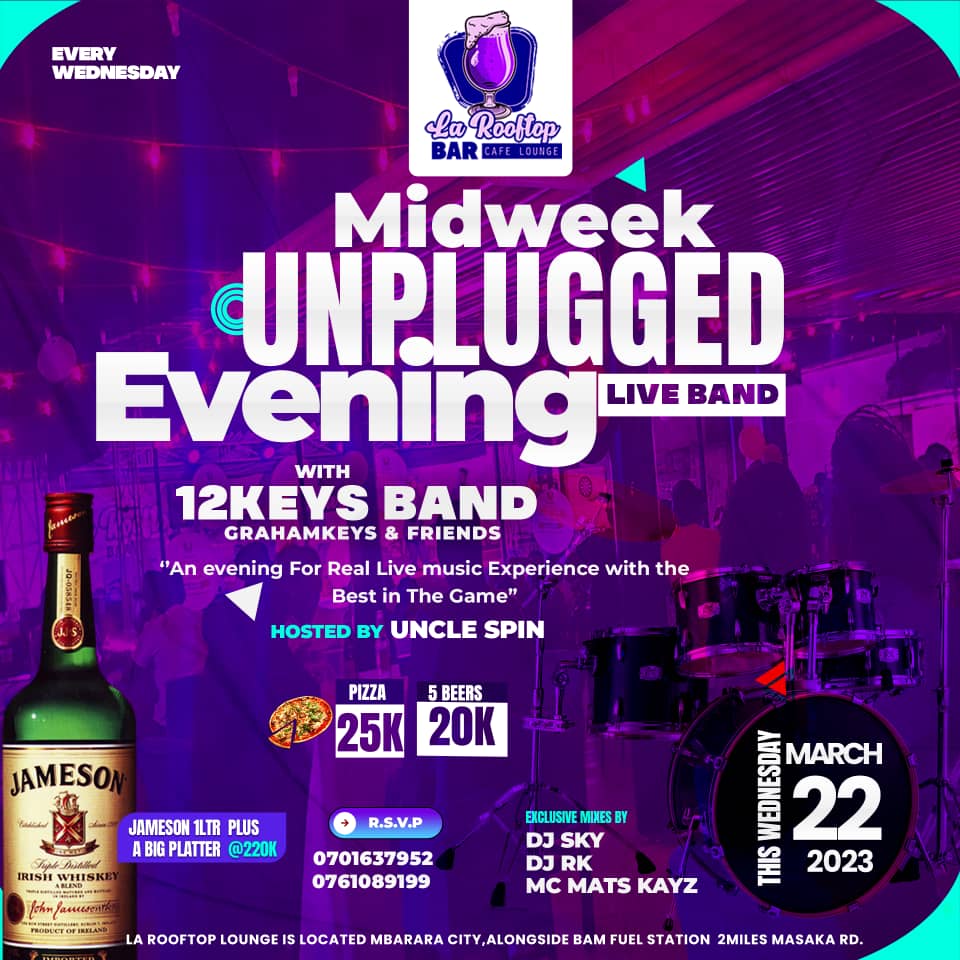 WByarabaha's tweet photo. We meet at @larooftoplounge this Wednesday night .
 The midweek unplugged party featuring 12keys band @SethMurari @San3Sandrah @ShowbizUganda https://t.co/8l690T6Kv0