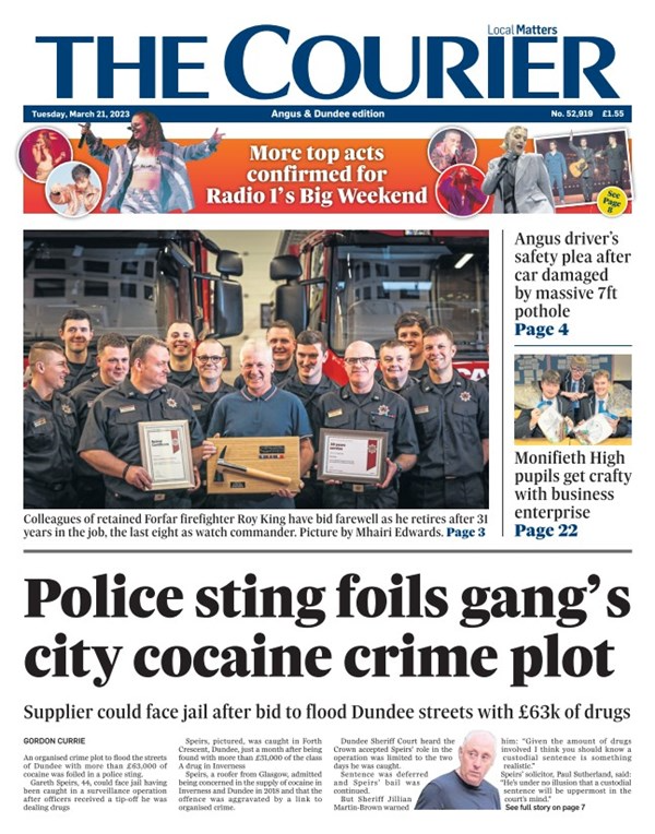 thecourieruk's tweet photo. Good morning from The Courier.

In today's Angus and Dundee edition:

- Roofer caught with cocaine worth nearly £100k: https://t.co/o5m9hUcCUb

- Retained Forfar firefighter retires after 34 years: https://t.co/EaaPebWEz8

- #BigWeekend latest: https://t.co/79iPVAXXGy https://t.co/akC9UjDxvS