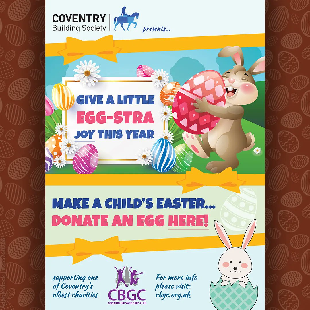 🥰 Can you give a little EGG-STRA and make Easter special for a young person? Simply drop off an Easter egg at CBGC reception, or Coventry Building Society! 🥰