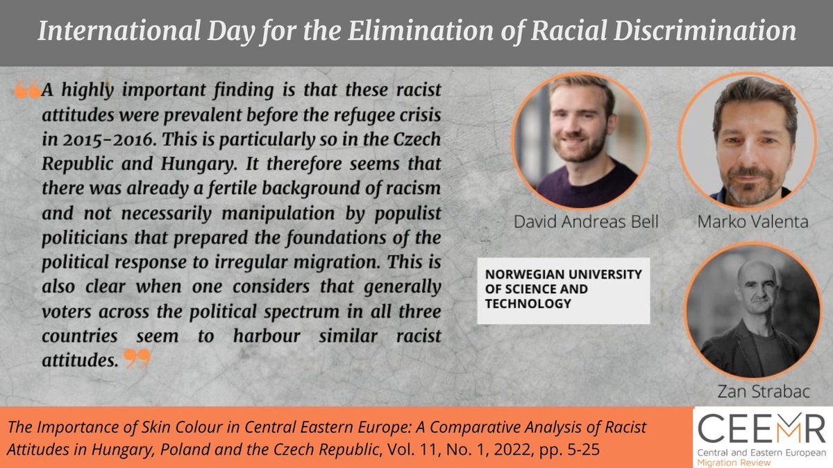 CEEMigrationRev's tweet photo. On the Int. Day for the Elimination of Racial Discrimination, a reminder of the paper by Bell, Strabac &amp; Valenta @NTNUnorway showing the importance of symbolic threats for understanding racist attitudes and their higher levels in #HU &amp; #CZ than in #PL https://t.co/K8KGowVQbn https://t.co/CiZYHozh3D