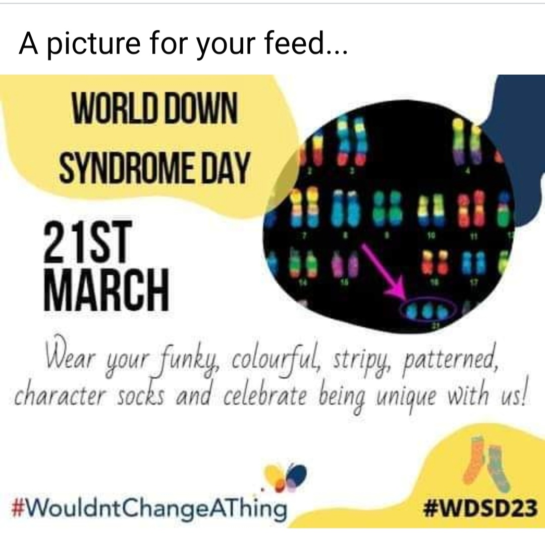 Wear you funky mismatched socks today to celebrate World Down Syndrome Day. 
@Wouldntchangea1 
@DSAInfo 
@DancestarsShef1 
@dontscreenusout 
@TheArtsAt7
@LouiseVisABLE 
#WithUsNotForUs 
#WDSD2023 
#wouldntchangeathing 
#WhySoSerious