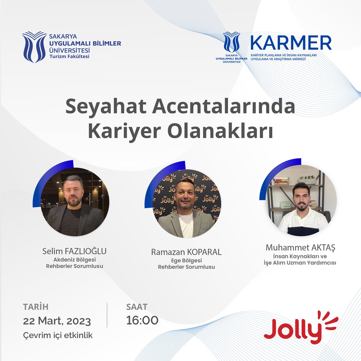 Fakültemiz Turizm Rehberliği Bölümü, 22 Mart 2023 Çarşamba günü "Seyahat Acentalarında Kariyer Olanakları" başlıklı etkinlik düzenleyecektir. Çevrim içi olarak gerçekleştirilecek etkinliğe tüm öğrencilerimiz davetlidir.

🔗 meet.google.com/tdz-meaq-hug