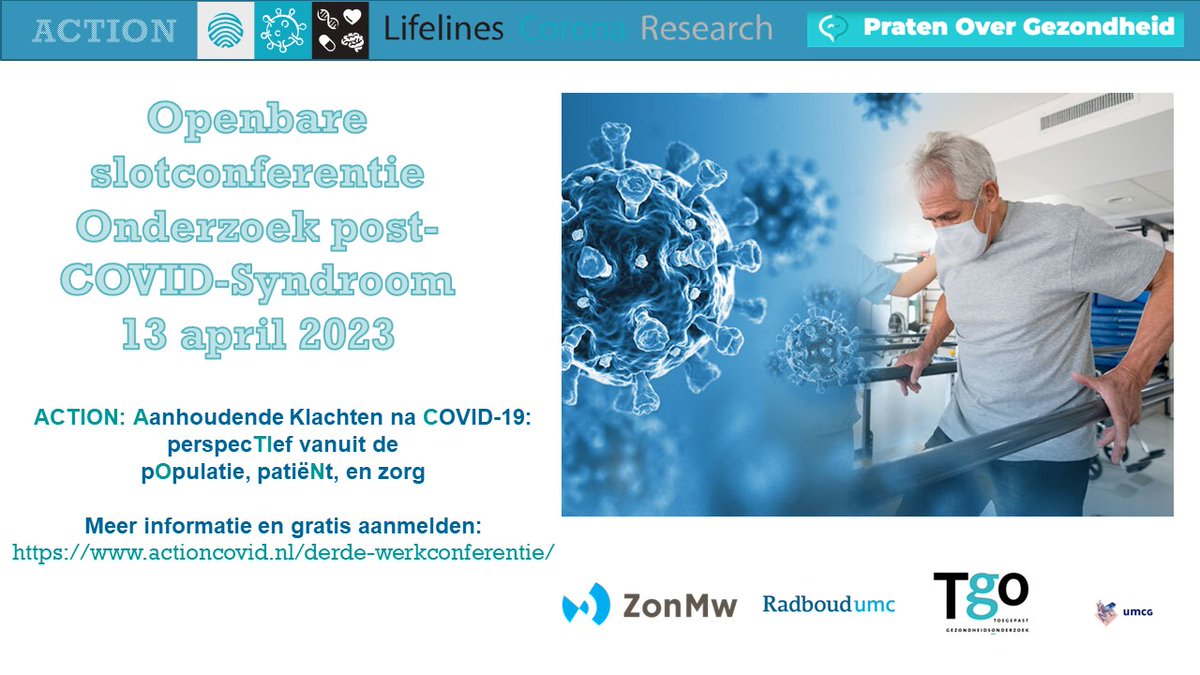 Op 13 april is de slotconferentie van het post-COVID project ACTION: Aanhoudende Klachten na COVID-19: perspecTIef vanuit de pOpulatie, patiëNt. De resultaten van het #Lifelines-onderzoek tot dusverre. Je kunt je hier aanmelden: 
unipark.de/uc/aanmelden_s….
#longcovid #onderzoek