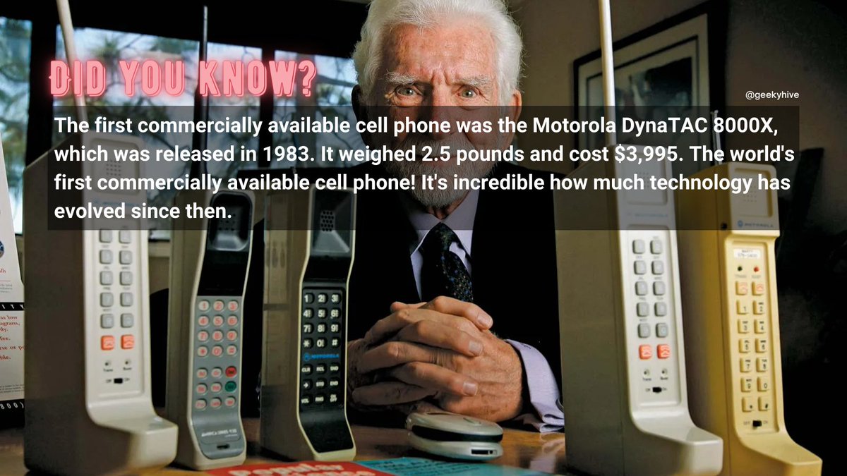 GeekyHive's tweet photo. Can you imagine paying $3,995 for a phone that only had 30 minutes of talk time? That's exactly what people did when the first-ever cell phone was introduced by Motorola in 1983. #MobileHistory #FirstCellPhone #MobileInnovation #technology #Smartphones #Innovation #Communication https://t.co/GKvhJhis9o