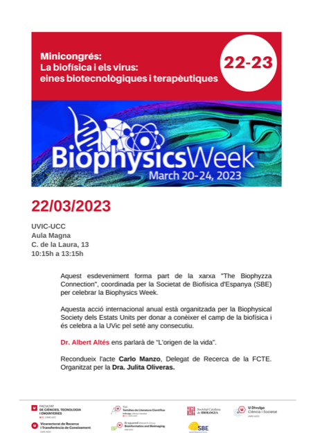 uvic_TLC's tweet photo. Minicongrés #BiophysicsWeek. El Dr. Albert Altés @althaiamanresa “l’aparició de la vida, els virus”. Dr. Carlo Manzo BI-SQUARED @uvic_ucc. Dra. Julita Oliveras @uvic_TLC #Biophyzza23. SOM VIRUS @Eumo_Editorial

Presencial: de 10.45 a 13.30h
En Línia: https://t.co/OEERYalBuR https://t.co/ZglcjSuXkY