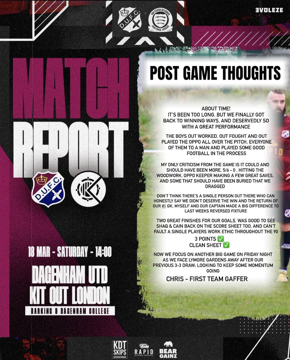 DagenhamUTD_FC's tweet photo. 🗣️ Words from the Gaffer following Saturdays @EssexAllianceFL Senior Division win ⚽️
⚫️ #DUFC 🔴
#Daggers #MatchReport #PostGameThoughts #RoundUp #DagenhamUnitedFc https://t.co/6PN2HRjwd8