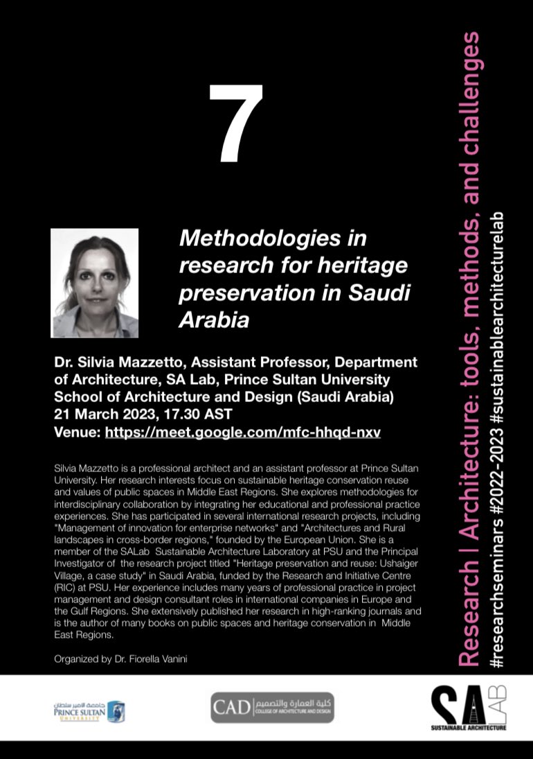 ksa_fiore's tweet photo. 7 SA LAB RESEARCH SEMINAR with Silvia Mazzetto @SilviaMazzetto Methodologies in research for heritage preservation in Saudi Arabia #sustainablearchitecturelab #saudiheritage #heritagepreservation #archresearch #academicresearch #academiclife 
Google Meet https://t.co/UxTHAFcIBg https://t.co/qEaosHEObD