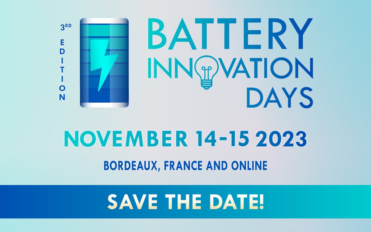 A date has been set for the 3rd edition of #BatteryInnovationDays! 🔋⚡️
This year we’ll be traveling to Bordeaux, hosted by <a href="/NvelleAquitaine/">Nouvelle-Aquitaine</a> 
Add the 14 &amp; 15 November to your calendar, and join us for this #hybrid event❗️ #BID2023