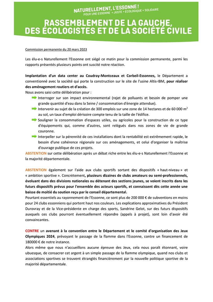 Naturellement91's tweet photo. Ce lundi 20 mars 2023 avait lieu la commission permanente du conseil départemental de l'Essonne > retrouvez notre déclaration à l'issue de cette séance ⤵️ https://t.co/g58Li0imjU
