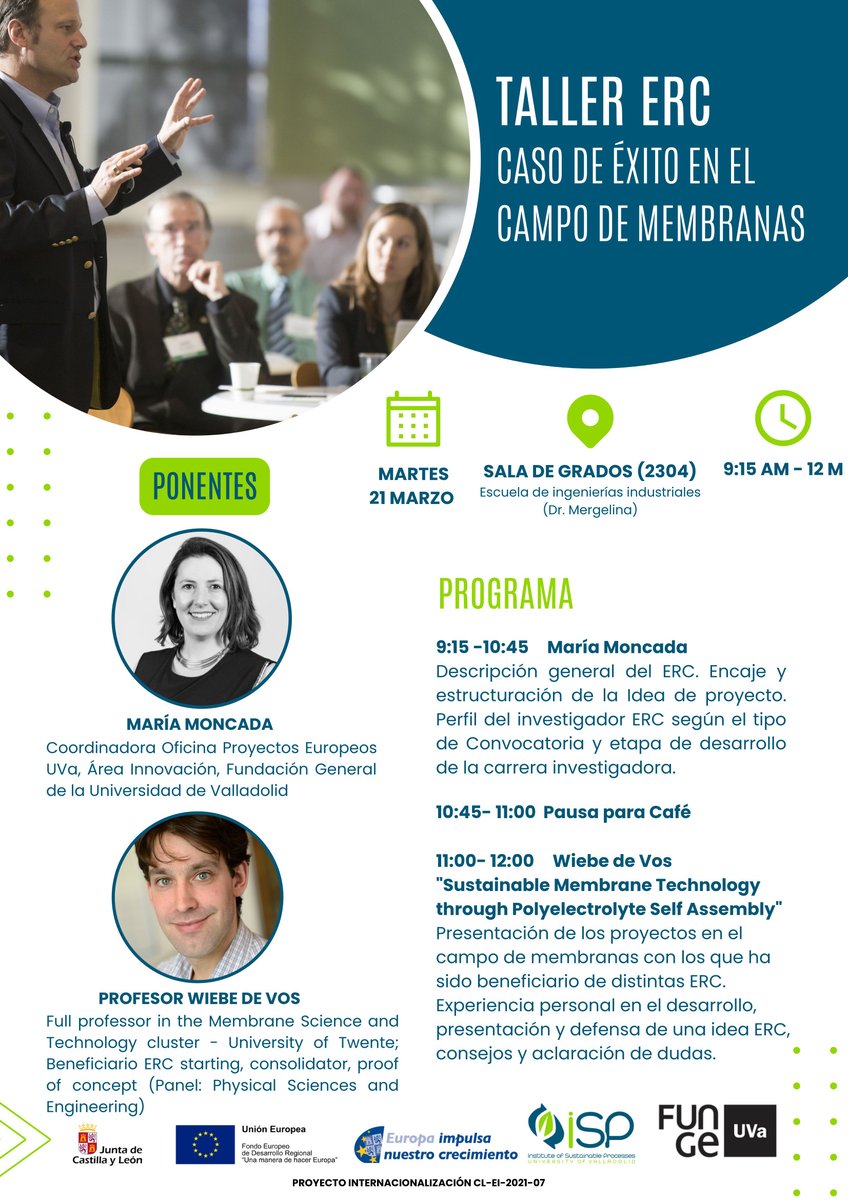 La coordinadora de #OPEUVa <a href="/MariaFunge/">Maria Moncada</a> y Wiebe de Vos profesor en <a href="/UTwente/">University of Twente (inactive)</a> #Enschede #Netherland en el ▶️"Taller #ERC y caso de éxito en el campo de membranas", con <a href="/ISPUva/">Institute of Sustainable Processes (UVa)</a> en el marco del Proyecto de Internacionalización (CL-EI-2021-07). Sala de Grados de <a href="/EiiUVa/">Eii_UVa</a> .