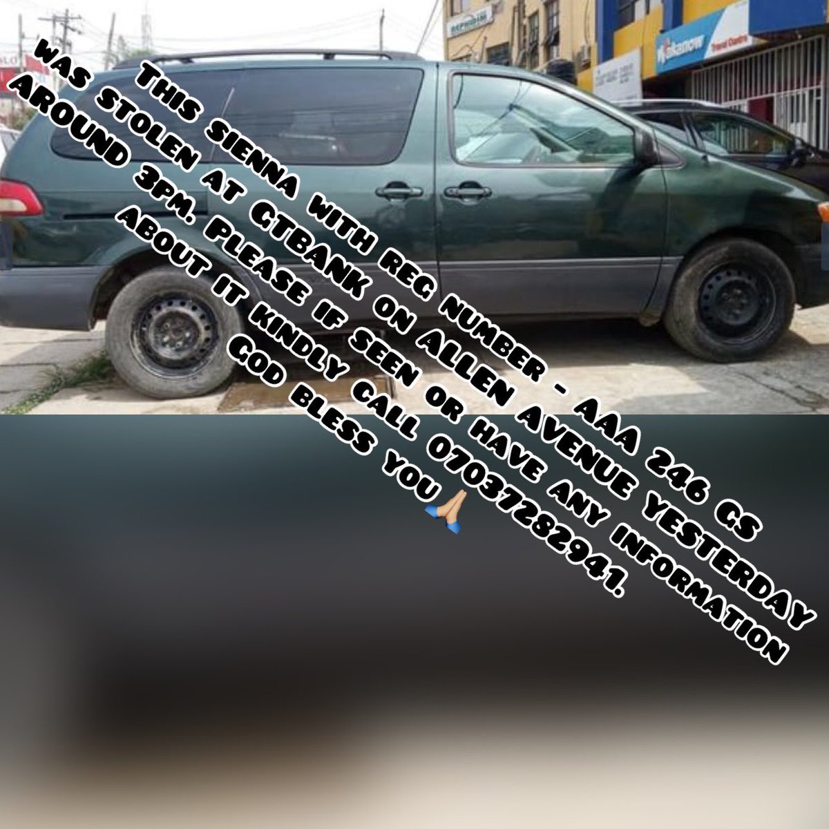 dkanyee's tweet photo. This sienna was stolen yesterday around 3pm at Gtbank on Allen Avenue Lagos. Please call 07037282941 if seen or have any information regarding it. Thanks… https://t.co/aXdJBLkRue