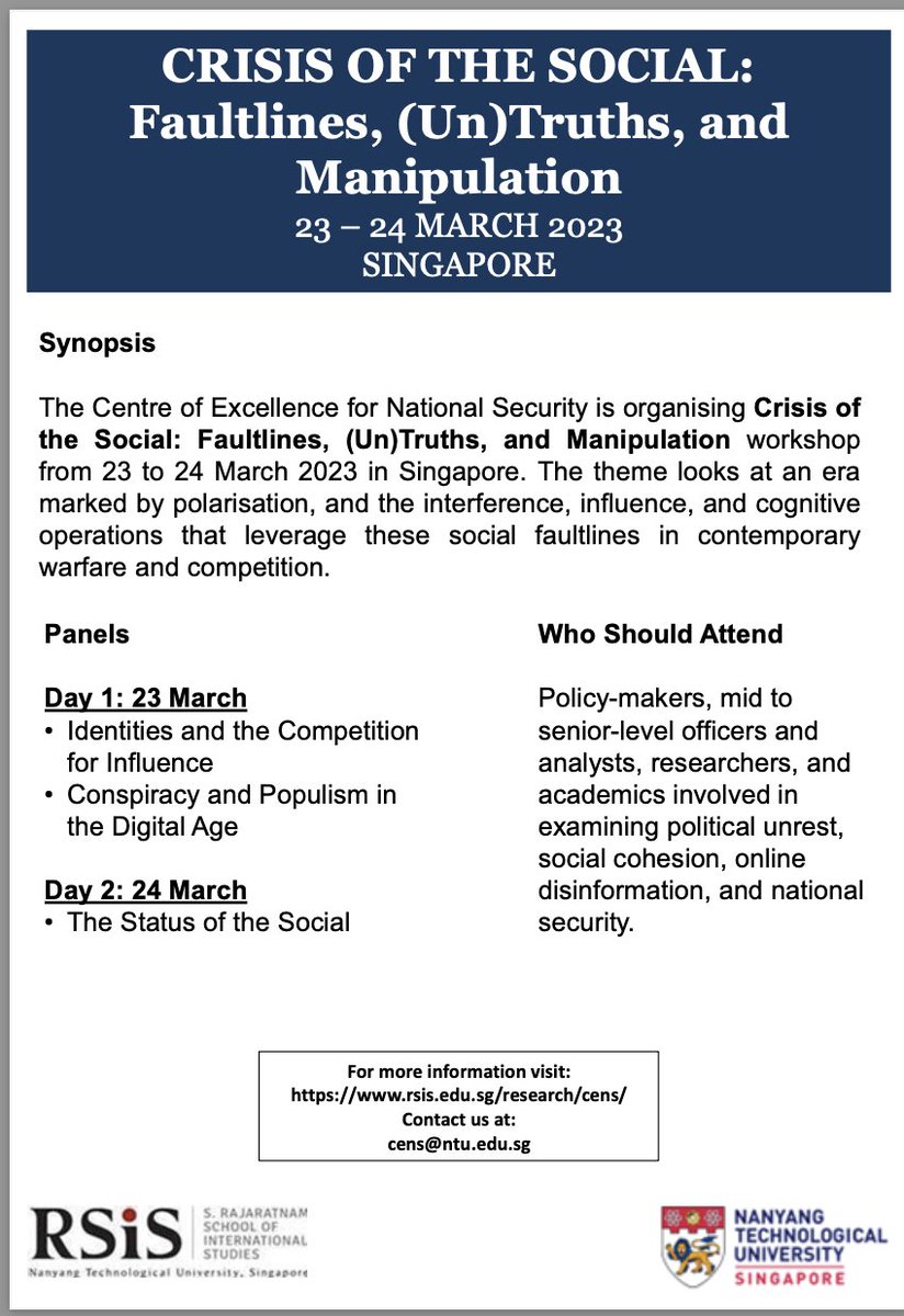 ShashiJayakumar's tweet photo. "Crisis of the Social"-Great (thankfully, live) event later this week organised by CENS' Social Resilience Programme, with a stellar cast of speakers. @evianeleidig @DrSABaker @JeffRagragio @JiaqiLiu_soc @Kamal_Ramdas @owencheng1992 @DanielPSGoh @decustecu @owencheng1992 https://t.co/gyJvYimARD