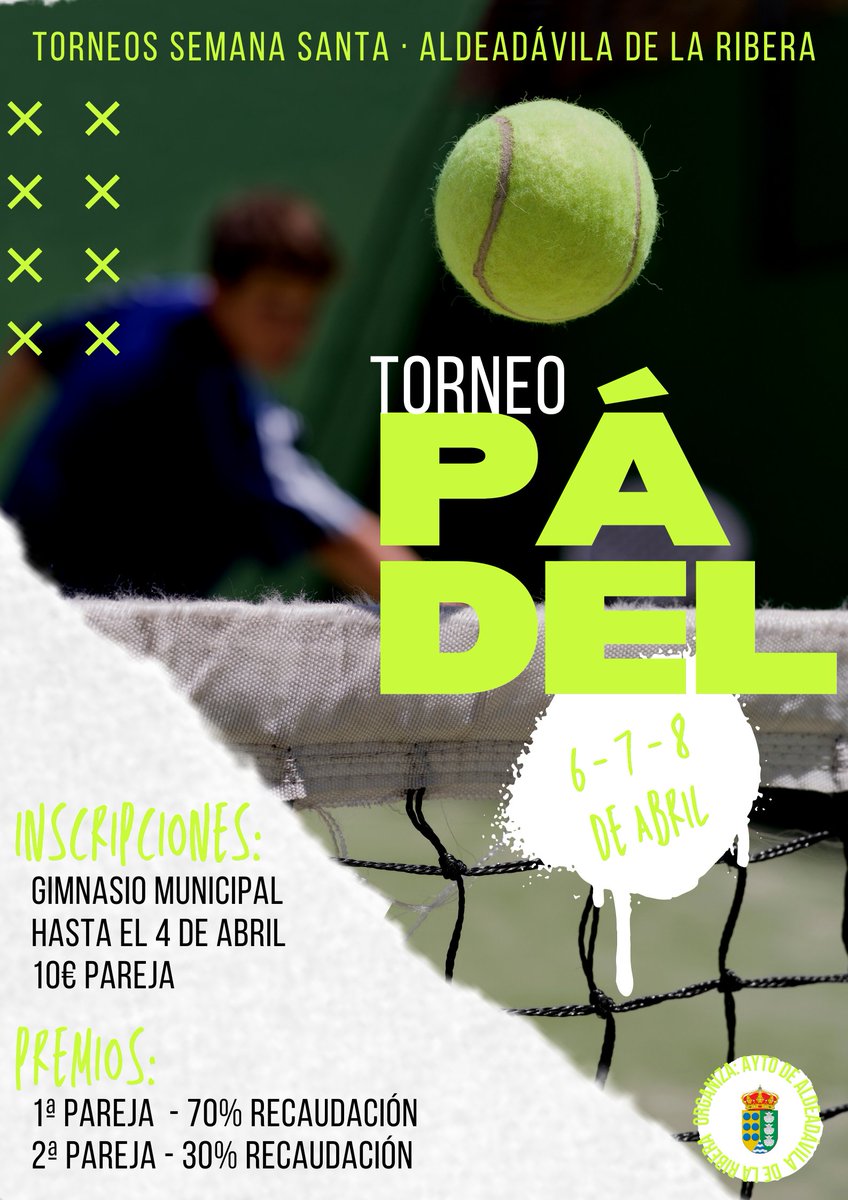 AytoAldeadavila's tweet photo. ¿Un poco de deporte para Semana Santa? 🤗

Como cada año, vuelven los torneos de Semana Santa a Aldeadávila de la Ribera💪🏽

Cuéntaselo a tus amigos/as🗣️, elegid deporte y apuntaros antes del 4 de abril💪🏽

ℹ️Toda la información de fechas e inscripciones en las imágenes. https://t.co/b8iiiFE2Mj