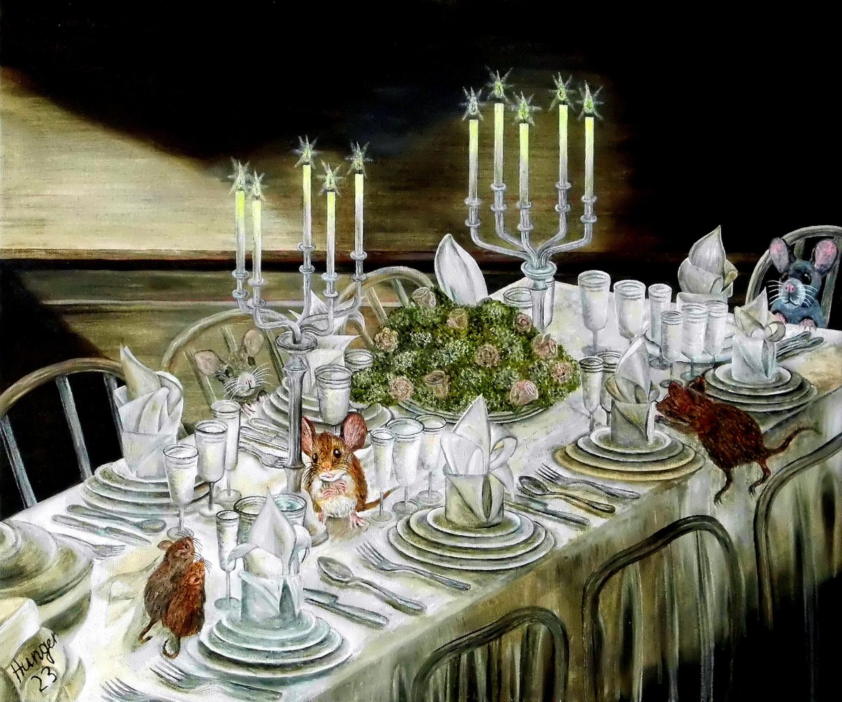 jenshunger's tweet photo. "Und auch die Mäuschen fanden kein Krümelchen!", Oil on canvas, 50 x 60 cm, #Mice #panelpainting #candles #glasses #plates #dishes #art #oilpainting #canvas #cutlery #knives #spoons #forks https://t.co/ISvoZ2F9ia