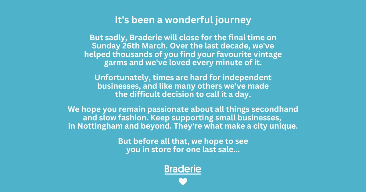 Sad news, folks 🥲

You've made our time on Pelham street an absolute dream and we hope to see lots of you throughout this week 🫂

Thanks for everything 💙
#Nottingham