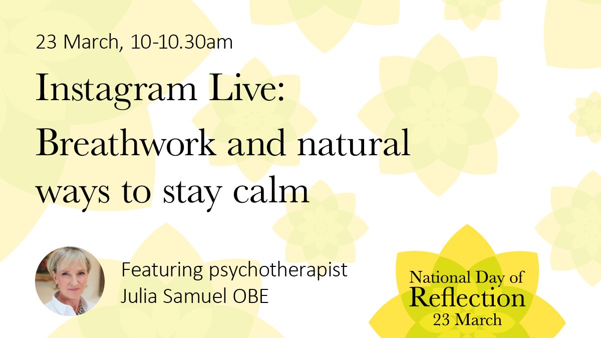 Join us on Thursday at 10am for an Instagram Live workshop with leading psychotherapist and best-selling author Julia Samuel. As part of National #DayOfReflection, Julia will be introducing you to breathwork and ways to stay calm to help with grief related trauma and anxiety.💛