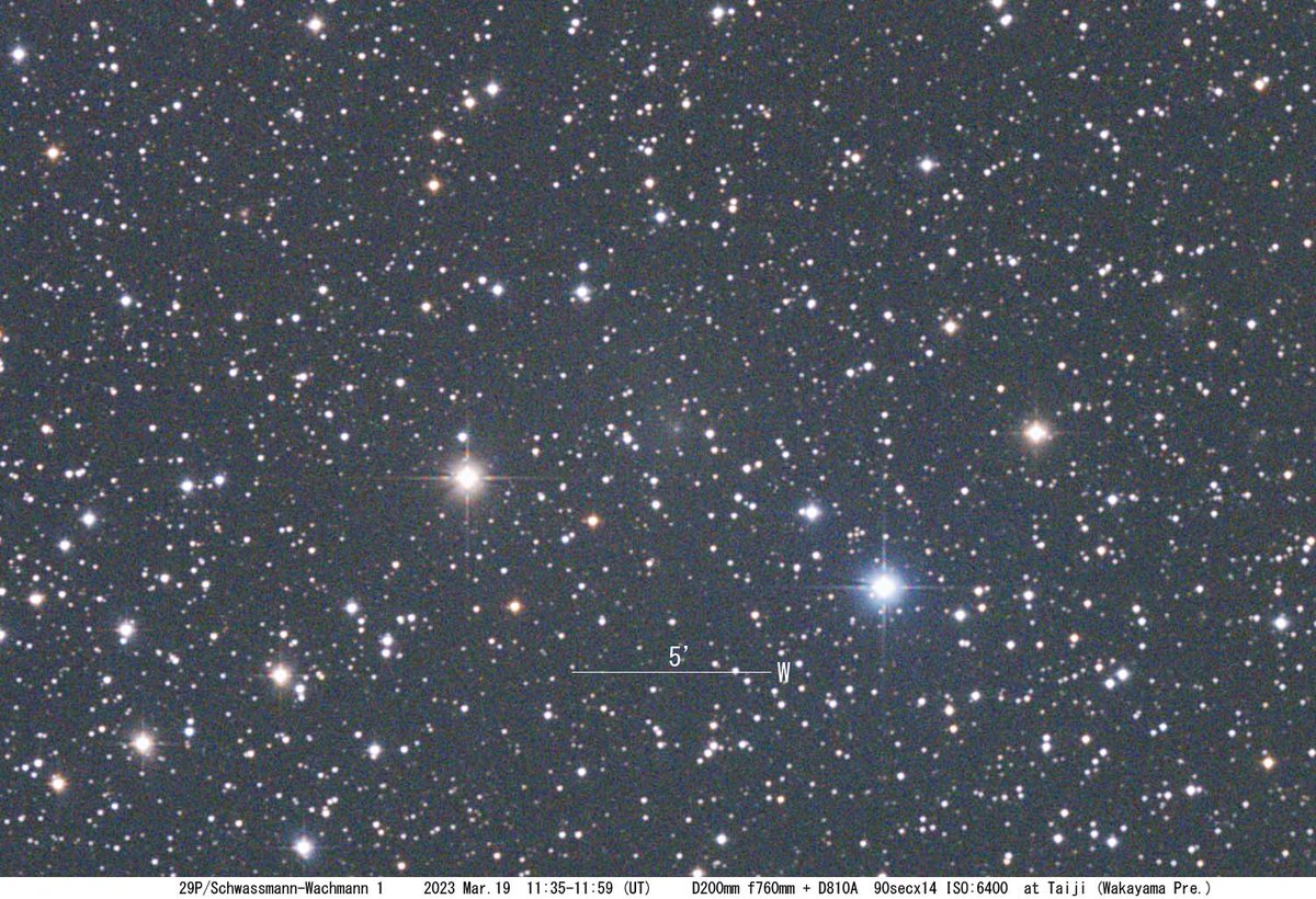 kinsan_masa1958's tweet photo. 3月19-20日、南紀遠征での彗星②
ほかの暗~~い彗星4つ。ときどき雲が通過したので星がにじんでいます。
#彗星 #C2022U2 #29P #118P #81P https://t.co/iSlY5w2ydU