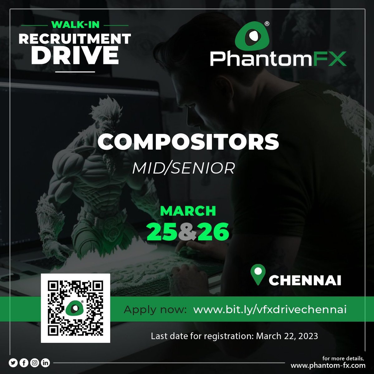 Phantom FX is hosting a recruitment drive in Chennai and Mumbai on March 25 & 26, 2023. Apply Now Chennai 
Drive Date 25th and 26th MAR 2023
 +91 22 4012 2204
Drive Date 25th and 26th MAR 2023

#VFX #RecruitmentDrive #ChennaiJobs
#JoinOurTeam #jobalert #vfxexpress #jobshiring