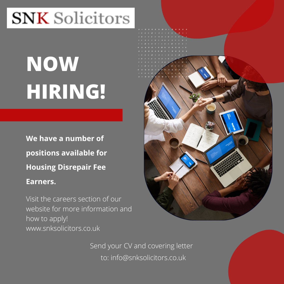 Housing Disrepair Fee Earner Vacancies!
Visit our website for more information and details of how you can apply: snksolicitors.co.uk