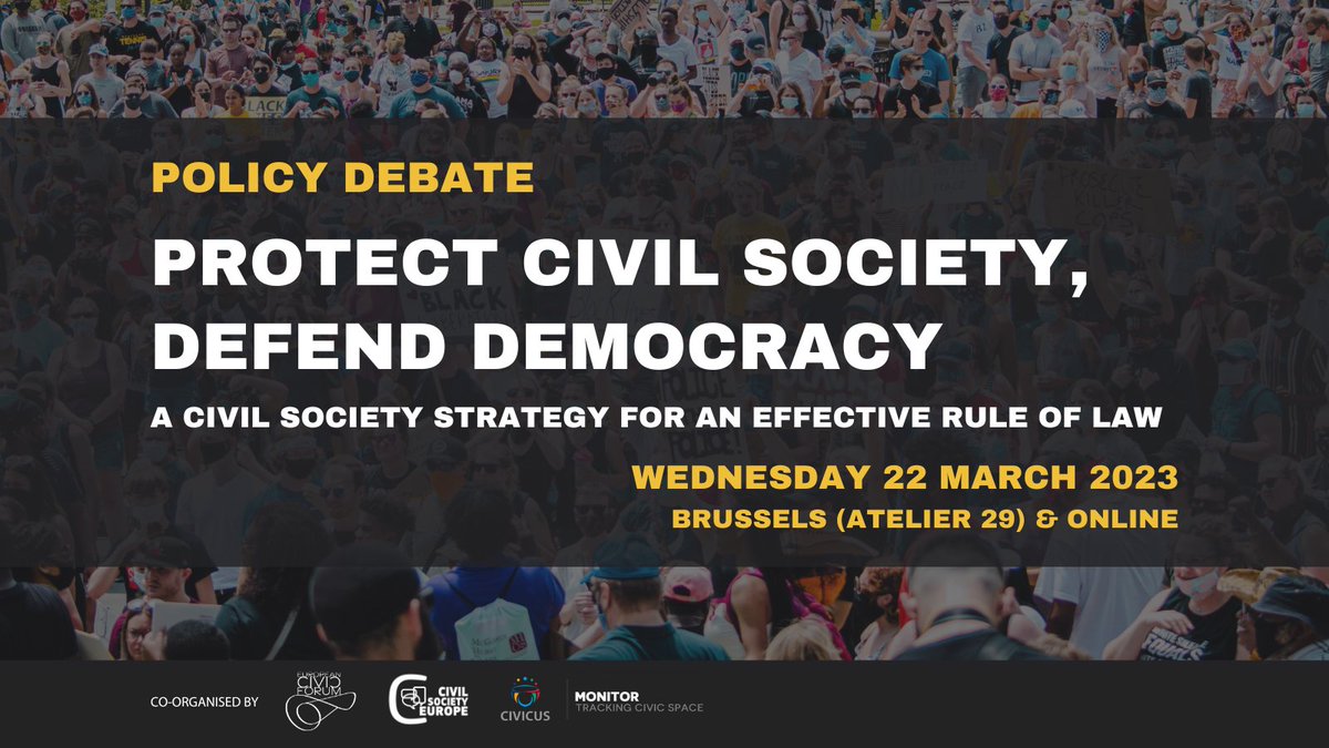 🗓️ Tomorrow at 10am: Our event with @CIVICUSMonitor & @EuCivilsociety. On the agenda: 📕📙 Presentation of ECF & Civicus reports ❌ Restrictions on #CivilSociety 🧑‍⚖️ How #RoL mechanism can defend #CivicSpace 🦺 An EU protection mechanism Register now! 👉 civic-forum.eu/wp-content/upl…
