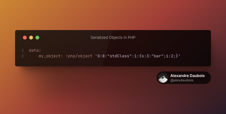 alexdaubois's tweet photo. What about a new @symfony hidden feature? 🤔

Did you know you can use serialized PHP object in YAML with the #Symfony YAML component? 🚀

Now documented at: https://t.co/hbJINKt3LI

#php #oss #yaml https://t.co/HNsEuuWfT5