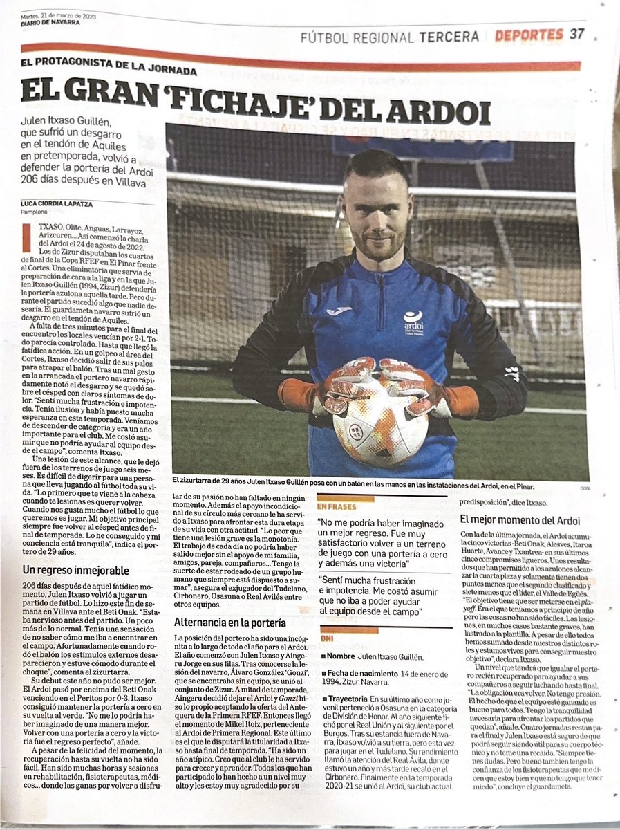 🗞️ ℙℝ𝔼ℕ𝕊𝔸 | ᴇʟ ɢʀᴀɴ ‘ꜰɪᴄʜᴀᴊᴇ’ ᴅᴇʟ ᴀʀᴅᴏɪ | <a href="/JulenItxaso94/">Julen Itxaso</a> protagonista de la jornada en <a href="/DiariodeNavarra/">Diario de Navarra</a> tras su vuelta a los terrenos de juego después de la lesión.

🖊️ @luca_ciordia