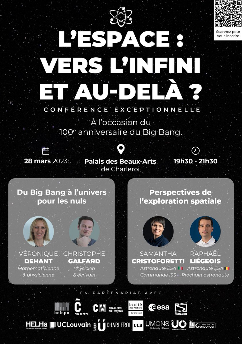 Bonjour la Belgique!
Prochaine conférence grand public: à Charleroi, le 28/03 pour les 100 ans du Big Bang ✨avec Véronique Devant, <a href="/AstroSamantha/">Samantha Cristoforetti</a>  et <a href="/Raph_Astro/">Raphaël Liégeois</a> .
Entrée gratuite sur inscription 
christophegalfard.com
J'espère vous y voir nombreuses et nombreux !