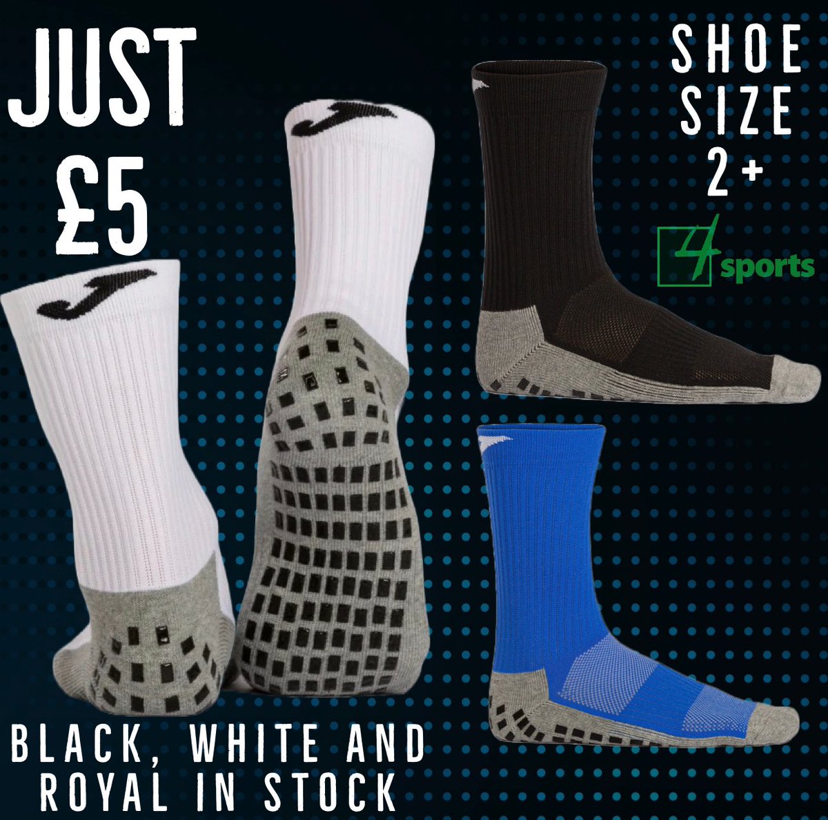 4sportsgroup's tweet photo. Joma Pro Grip socks in stock now, and just £5 😨 Shoe size 2-6 or 7+ in stock https://t.co/01fRqd08z7