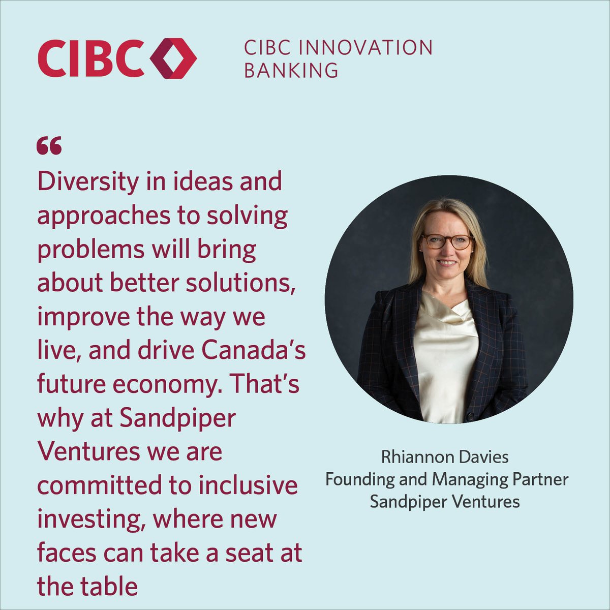 CIBC Innovation (@cibcinnovation) on Twitter photo “Diversity in ideas and approaches to solving problems will bring about better solutions, improve the way we live, and drive Canada’s future economy. That’s why at <a href="/Sandpiper_VC/">Sandpiper Ventures</a> we are committed to inclusive investing.” - Rhiannon Davies, Founding and Managing Partner #IWD2023 “Diversity in ideas and approaches to solving problems will bring about better solutions, improve the way we live, and drive Canada’s future economy. That’s why at <a href="/Sandpiper_VC/">Sandpiper Ventures</a> we are committed to inclusive investing.” - Rhiannon Davies, Founding and Managing Partner #IWD2023