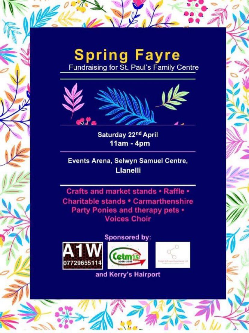 We are sponsoring the Spring Fayre at the Selwyn Samuel Centre raising money for St Paul’s Family Centre Saturday April 22nd. 

#CETMA #AnyoneWaitingCafe #KerrysHairport #Event #SpringFayre #CETMAInTheCommunity #CETMAYnYGymuned