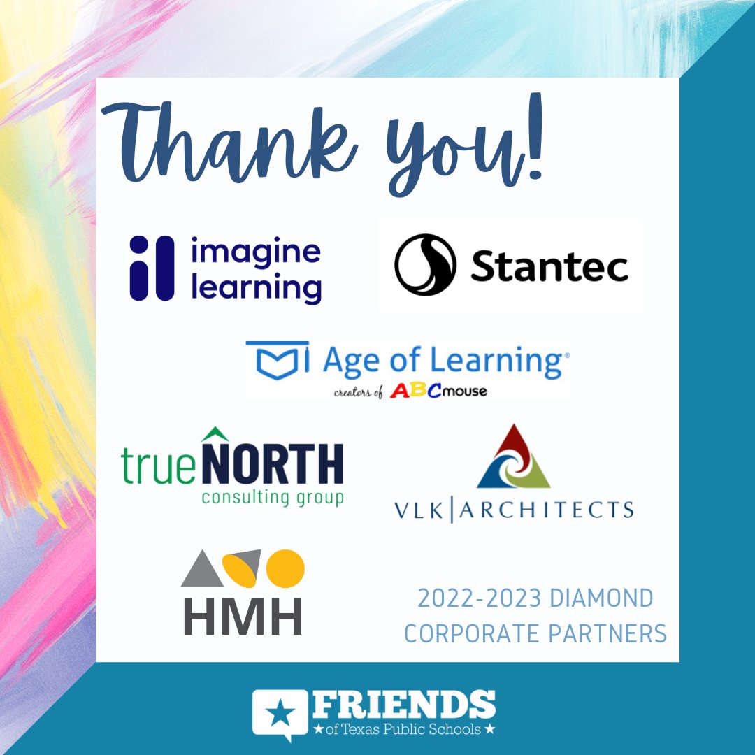 We are proudly supported by our Diamond Corporate Partners! 

Generous #support from our Corporate Partners help us promote the great work happening in our #TexasPublicSchools. 

<a href="/ImagineLearning/">Imagine Learning</a> <a href="/Stantec/">Stantec</a> <a href="/AgeofLearning/">Age of Learning</a> @TrueNorthCG <a href="/VLKArchitects/">VLK</a> <a href="/HMHCo/">HMH Education</a>