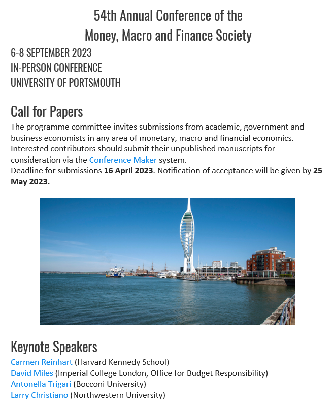 MMF_research's tweet photo. 🚨CALL FOR PAPERS 🚨

🌟54th Annual Conference of the MMF Society🌟

👉 More info at https://t.co/I3iopTsCQU

👉Submit at https://t.co/eqAf8092iB

⏰Submission deadline: April 16, 2023

#EconTwitter #monetarypolicy #finance #macroeconomic #econconference https://t.co/sGBNoKoU45
