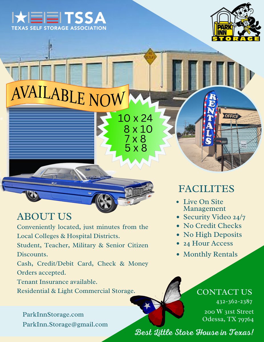 #CarStorage #Afforfable #SelfStorage #SpringTime 
#WestTexas #Odessa #EctorCounty 
Car Clubs Welcomed! 
We have One unit just now available, 10 x 24 (inside main corridor) great for Vehicle storage. 
Other's available, 1-8x10
1-7x8 and a few 5x8's.
ParkInnStorage.com