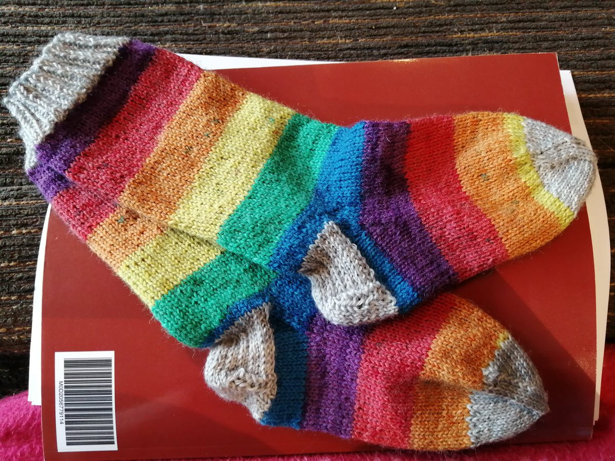 First pair of LGBQT Ally socks finished for my 70yr old mum, just about to cast on another pair with thinner stripes for her. #YearOfSocks #LGBTQAlly