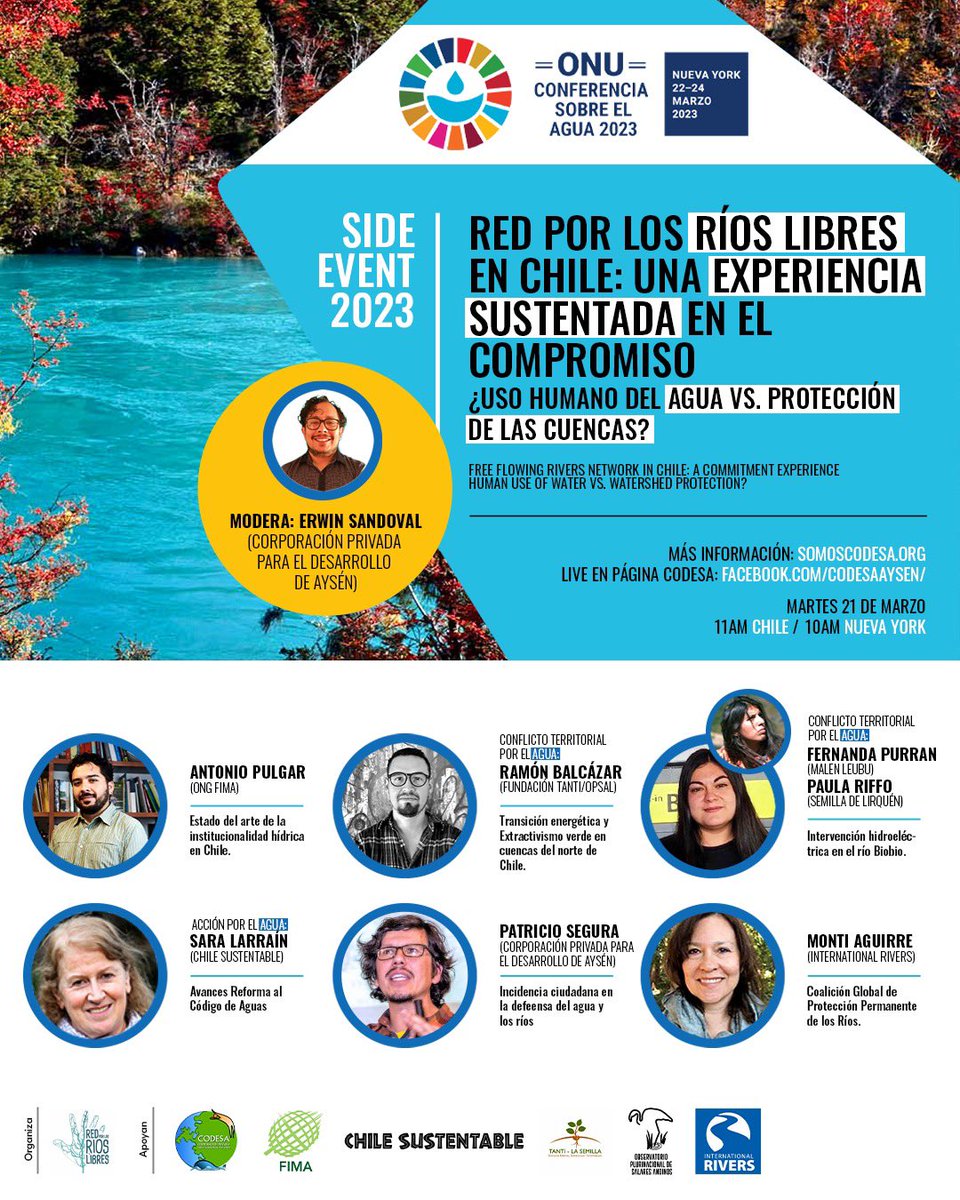 ¡Hoy! No te pierdas la posibilidad de seguir diálogo sobre: RED POR LOS RÍOS LIBRES EN CHILE: UNA EXPERIENCIA SUSTENTADA EN EL COMPROMISO"*

🗓 _Martes 21 de marzo_
🕙 _11:00AM Chile_ / _10AM Nueva York_
📹 _Transmisión online en:_ facebook.com/CodesaAysen